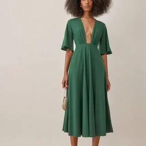 Reformation Ernest Dress Midi‎ Green Emerald Plunge Neck Short Sleeves A Line S